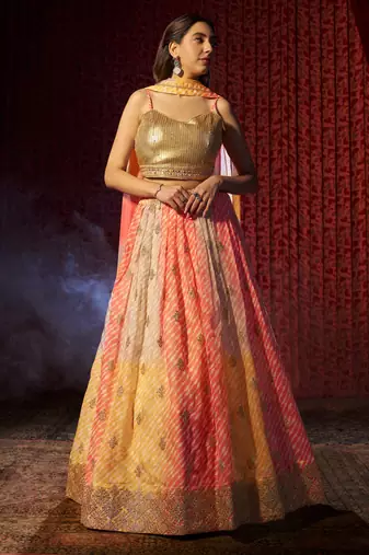 YELLOW AND ORANGE PRINT WITH EMBROIDERED ORGANZA SEMI STITCHED LEHENGA CHOLI
