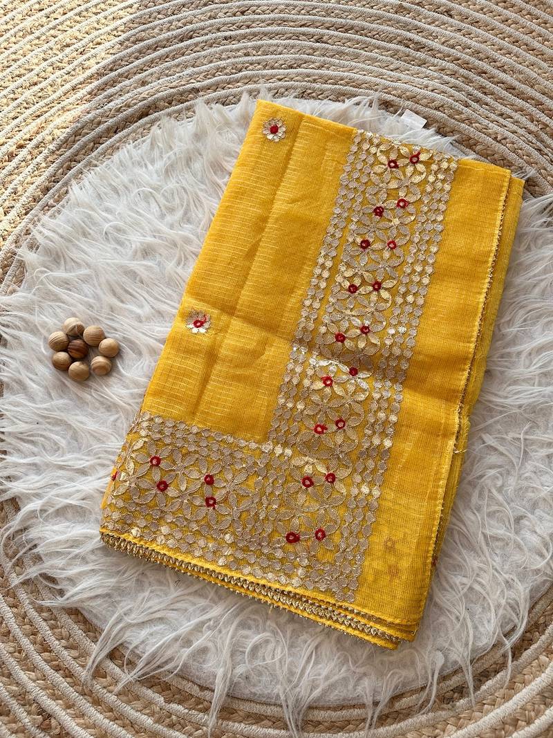 Yellow Kota Doria Saree with Rajasthani GotaPatti