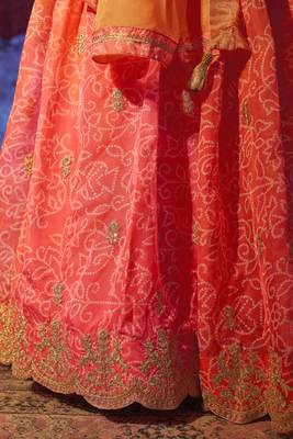 ENCHANTING ORANGE PINK PRINT WITH EMBROIDERED ORGANZA DESIGNER WEDDING PARTY WEAR FESTIVAL SEMIT STITCHED LEHENGA CHOLI 9