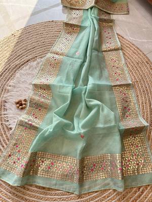 light blue  Kota doriya gota work design saree, No Blouse  1