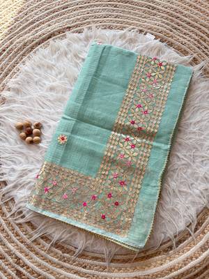 light blue  Kota doriya gota work design saree, No Blouse  2