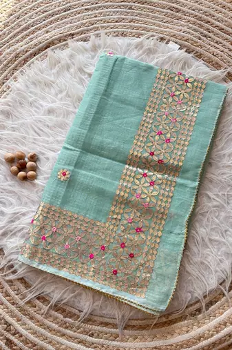 light blue  Kota doriya gota work design saree, No Blouse 