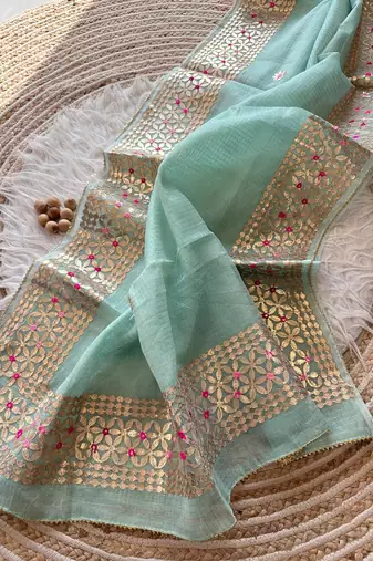 light blue  Kota doriya gota work design saree, No Blouse 