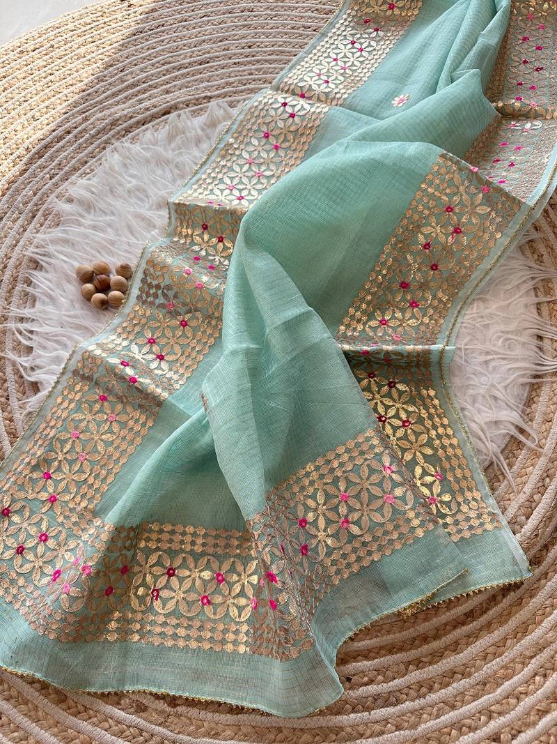 light blue  Kota doriya gota work design saree, No Blouse 