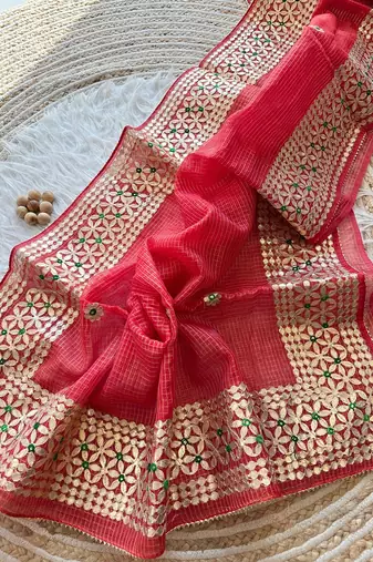 red  Kota doriya gota work design saree