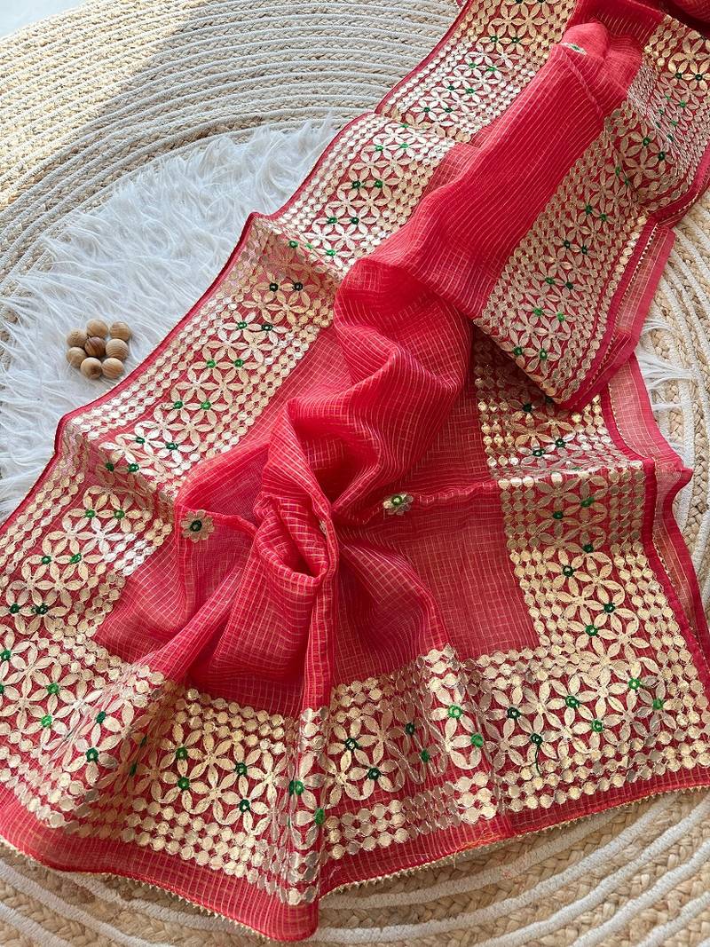 red  Kota doriya gota work design saree