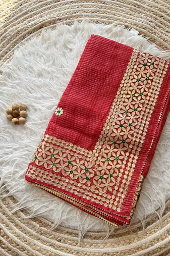 red  Kota doriya gota work design saree