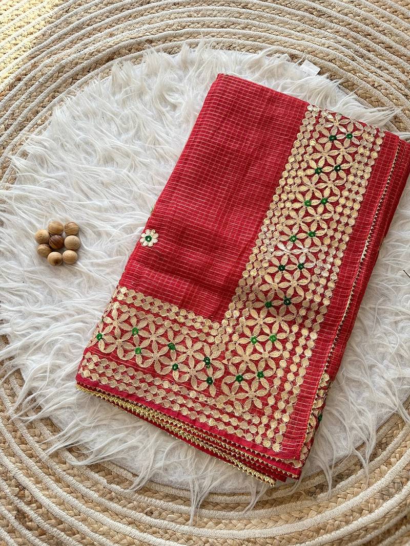 red  Kota doriya gota work design saree
