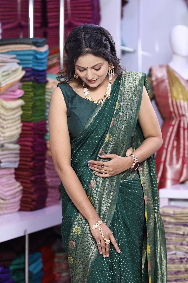 Dark-Green khadi georgette Saree