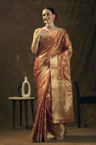 Pink tissue woven design banarasi zari work saree