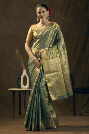 Teal tissue woven design banarasi zari work saree