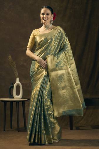 Teal tissue banarasi zari work saree