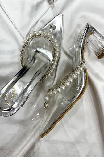 Silver pearls art leather and transparent acrylic heels
