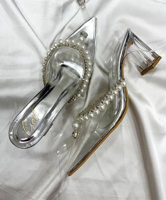 Silver pearls art leather and transparent acrylic heels 1