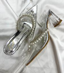 Silver pearls art leather and transparent acrylic heels