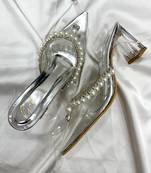 Silver pearls art leather and transparent acrylic heels