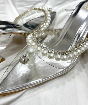 Silver pearls art leather and transparent acrylic heels 2