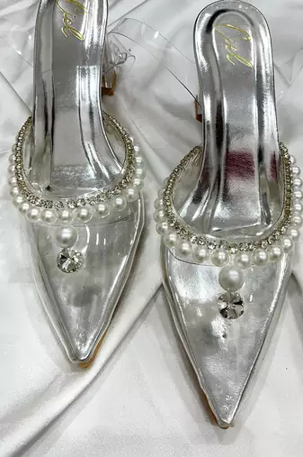 Silver pearls art leather and transparent acrylic heels
