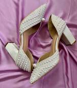 White pearls satin leather heels