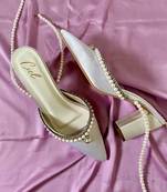Grey pearls satin leather heels
