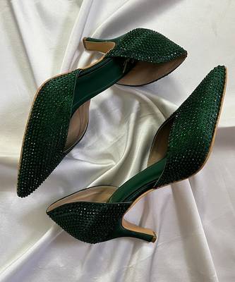 Green rhinestone satin leather heels 1
