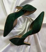 Green rhinestone satin leather heels