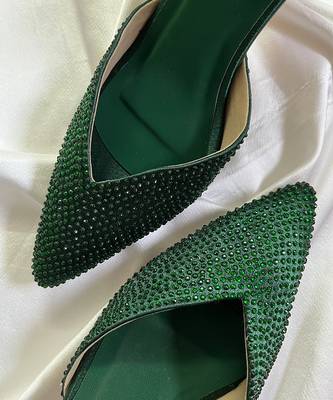 Green rhinestone satin leather heels 2