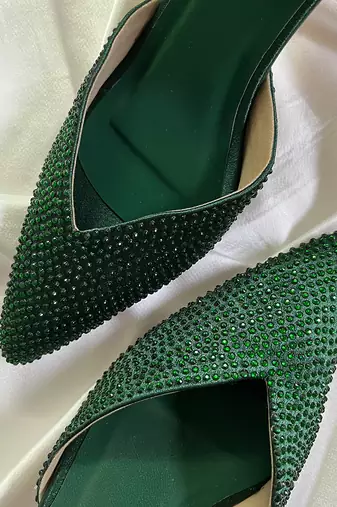 Green rhinestone satin leather heels