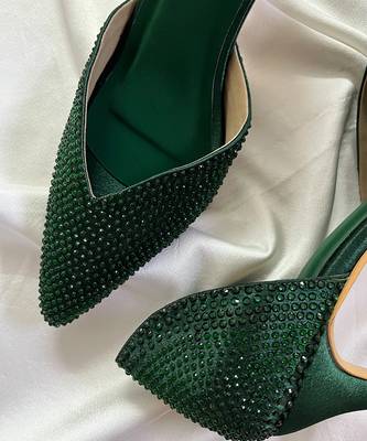 Green rhinestone satin leather heels 3