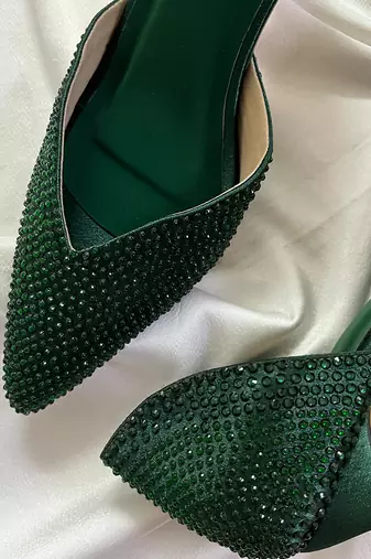 Green rhinestone satin leather heels