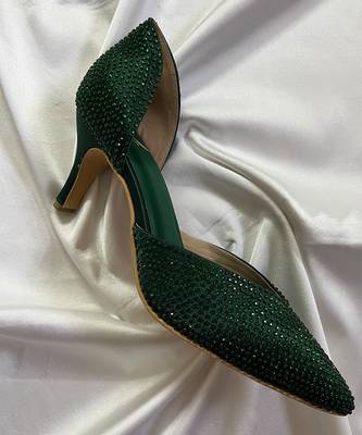 Green rhinestone satin leather heels 4