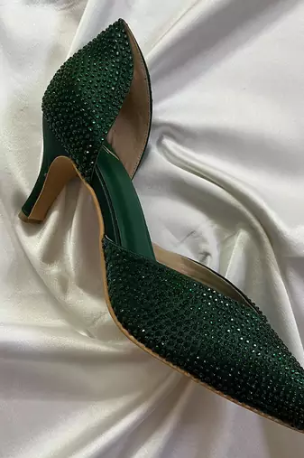 Green rhinestone satin leather heels