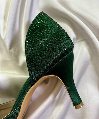 Green rhinestone satin leather heels 5