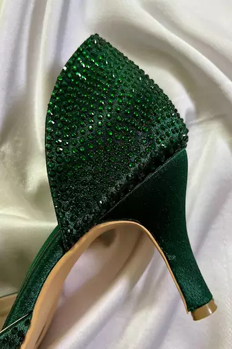 Green rhinestone satin leather heels