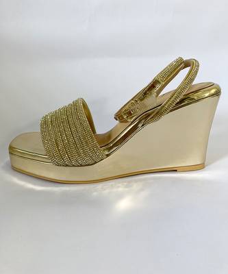 Golden rhinestone art leather wedges 1