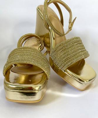 Golden rhinestone art leather wedges 2