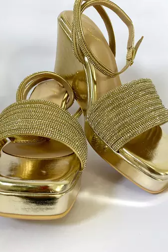 Golden rhinestone art leather wedges
