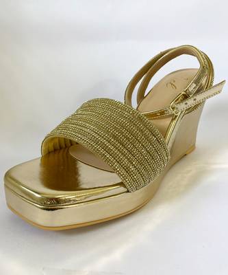 Golden rhinestone art leather wedges 3