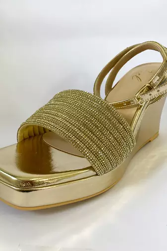 Golden rhinestone art leather wedges