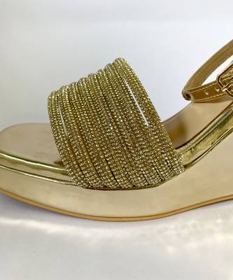 Golden rhinestone art leather wedges 4