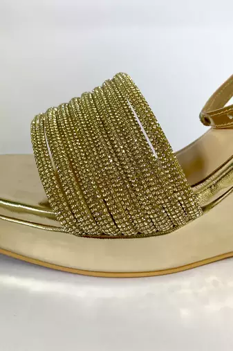 Golden rhinestone art leather wedges