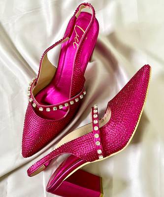 Pink rhinestone satin leather heels 1