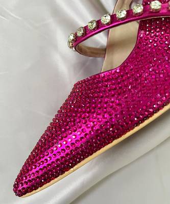 Pink rhinestone satin leather heels 2