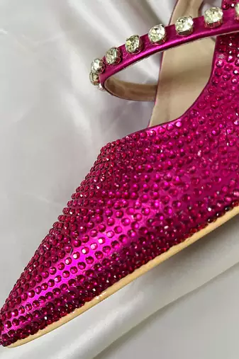 Pink rhinestone satin leather heels