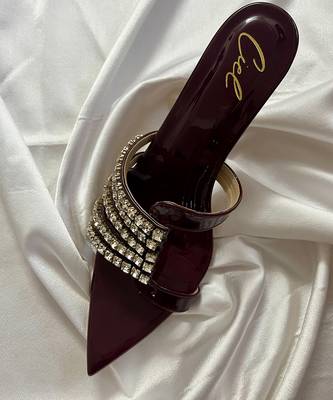 Deep maroon rhinestone art leather heels 1