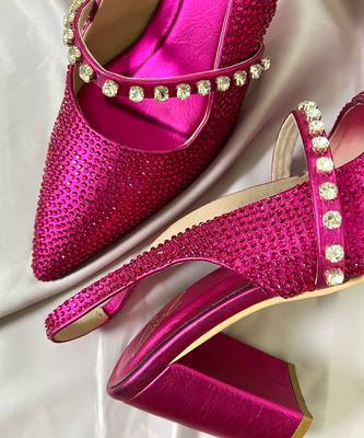 Pink rhinestone satin leather heels 3