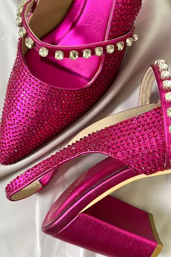 Pink rhinestone satin leather heels