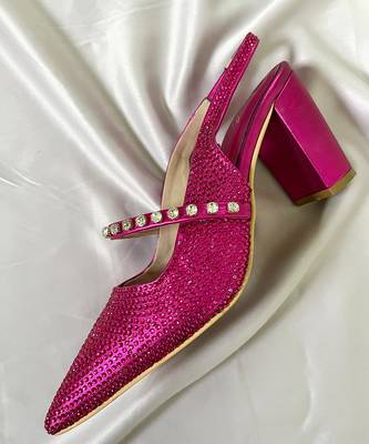 Pink rhinestone satin leather heels 4