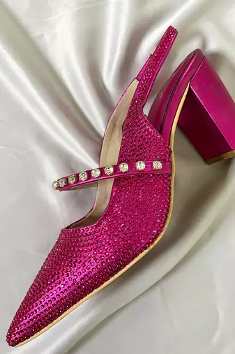 Pink rhinestone satin leather heels