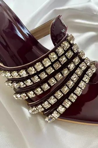 Deep maroon rhinestone art leather heels